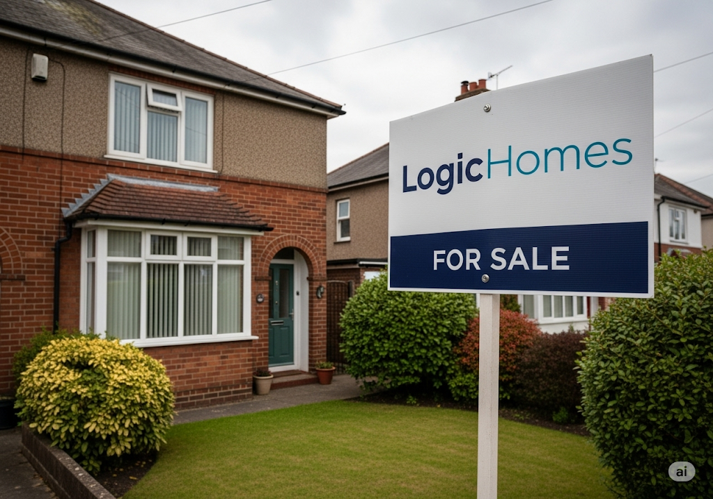 A house with a 'For Sale' sign