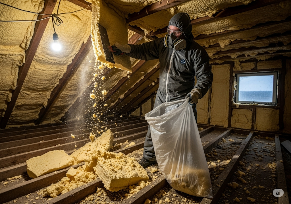 A professional removing spray foam insulation